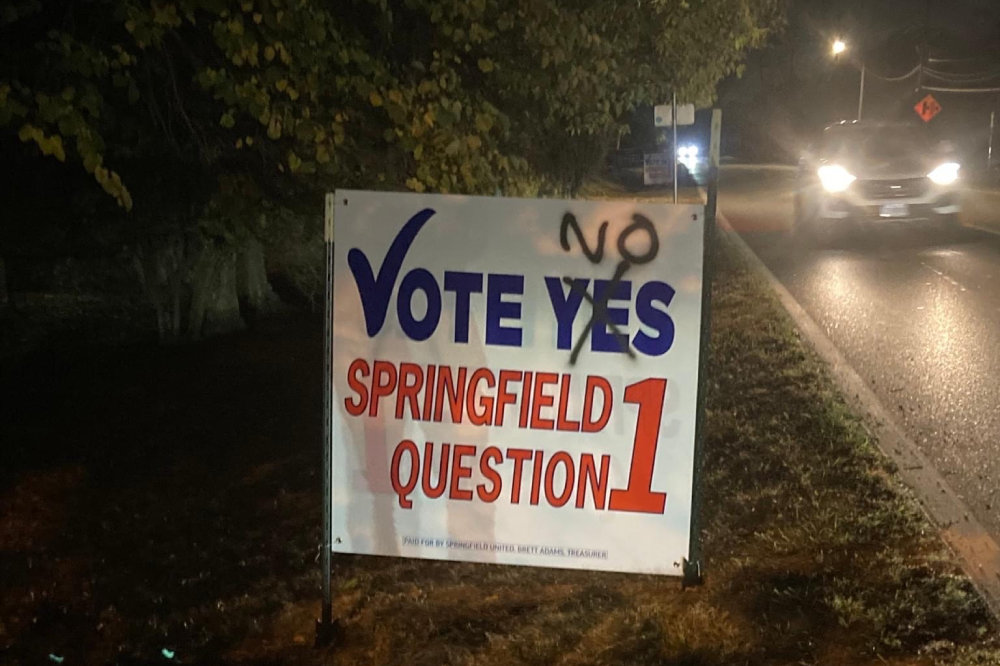 Mitch Jenkins of Elevation Enterprises, which seeks rezoning to make way for a development in Galloway Village, sent a photo of this defaced sign to Springfield Business Journal. 